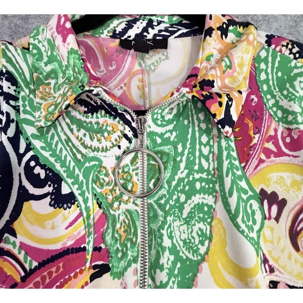 Women's Paisley Print Zip Front Shirt Dress Size L Short Sleeve Collared‎